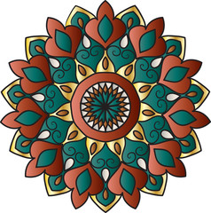 Drawing of a floral mandala in gold, brown, maroon and yellow colors on a white background. Hand drawn tribal  vector stock illustration