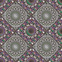 Colorful floral seamless pattern from different rhombus with mandala in patchwork boho chic style, in portuguese and moroccan motif