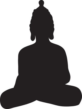 Drawing the black silhouette of sitting buddha on a white background. Hand drawn vector stock illustration