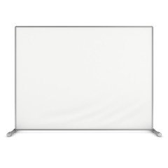 Billet press wall with blank banner. Mobile trade show booth white and blank. 3d render isolated on white background. High Resolution Template for your design.
