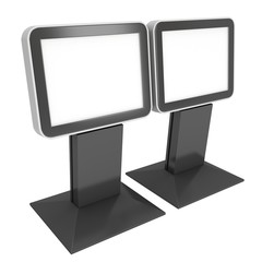 LCD Screen Stand. Blank Trade Show Booth. 3d render of lcd tv isolated on white background. High Resolution. Ad template for your expo design.