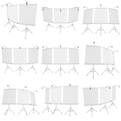 Blank Roll Up Expo Banner Stands Group on Tripod Set. Trade show booth white and blank. 3d render illustration isolated on white background. Template mockup for your expo design.