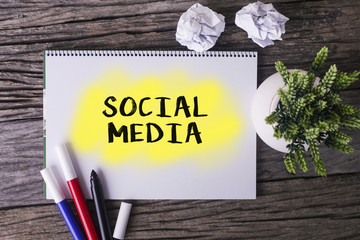 Notepad and green plant on wooden background with SOCIAL MEDIA word