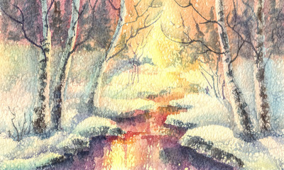 winter forest watercolor landscape