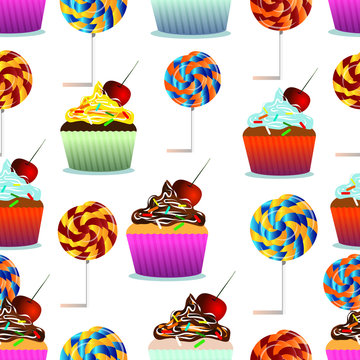 Vector seamless pattern. Pastry, cute cupcakes, lollipops.