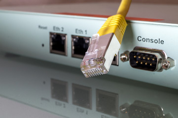 close up, detail of a firewall with a non connected network cable