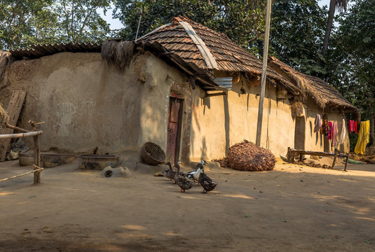 Rural Indian village with mud houses and ducks in the courtyard. Photograph taken at a village in Bankura district, West Bengal, India.
