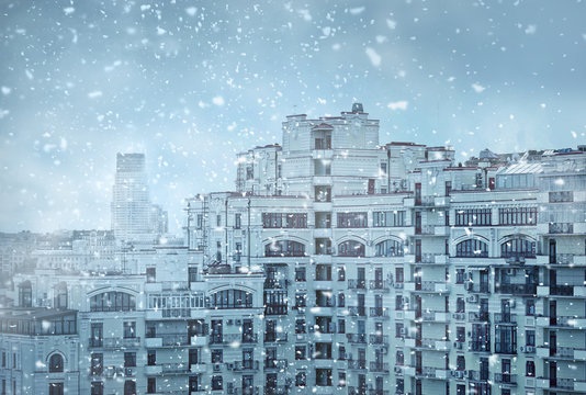 Cityscape during snow storm