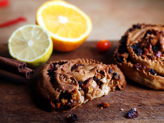 Italian food - the pitta 'mpigliata or pitta 'nchiusa, a traditional calabrian christmas sweet with cinnamon, raisins, candied fruit, honey, walnuts, almonds, hard wheat pastry.