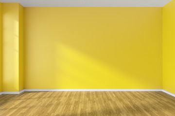 Empty room with yellow walls and wooden parquet floor