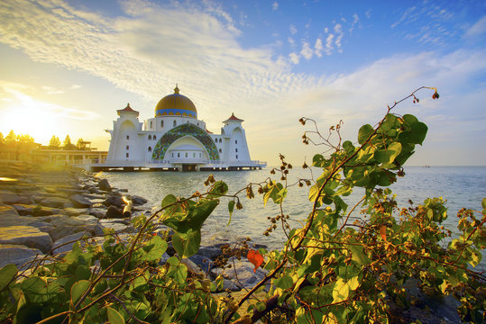 Majestic view of Malacca Straits Mosque during sunset.