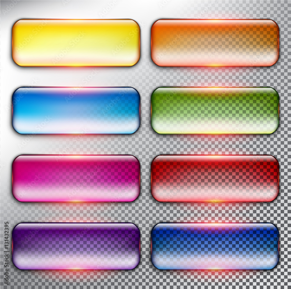 Wall mural abstract vector web buttons set of 8. isolated with realistic, transparent glass shine and shadow on