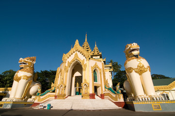 Shwedagon Paya pagoda Myanmer famous sacred place and tourist attraction landmark in Yangon, Myanmar