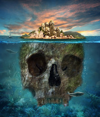 Island. Underwater scull. Concept graphic in soft oil painting s - 131432711