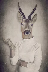 Foto op Plexiglas Hipster dieren Herten in kleding. Concept afbeelding in vintage stijl.
