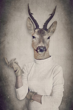 Deer in clothes. Concept graphic in vintage style.