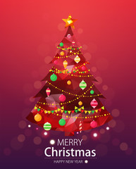 Fototapeta na wymiar Merry christmas and happy new year red background. Red xmas pine tree in polygonal style with ornaments.