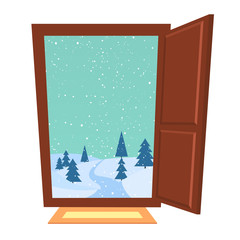 Open door in winter. New Year Christmas snowfall in the hills outside the house.