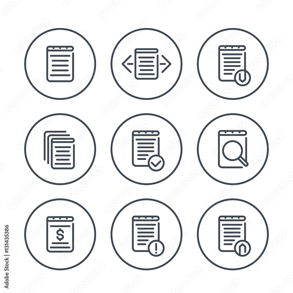 Sticker reports, account, records, finance documents line icons in circles on white