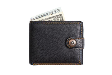 closed  black  leather wallet with cash  dollars