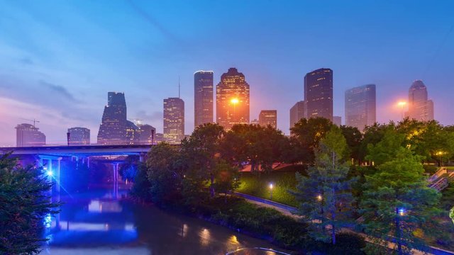 Houston, Texas, USA misty morning skyline time lapse.