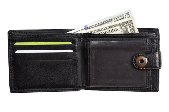 Open  Black  Leather Wallet With Cash  Dollars