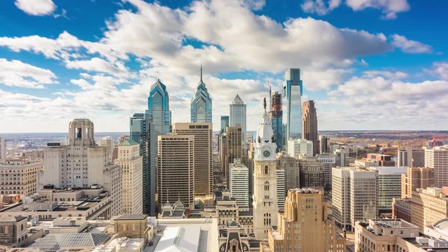 Philadelphia, Pennsylvania, USA downtown skyline time lapse.