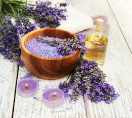 Fototapeta na wymiar Lavender, sea salt, oil and candle