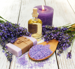 Spa products and lavender flowers