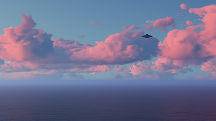 3D UFO over the sea and waves
