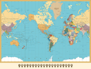 World Map America Centered and map pointers. Retro color