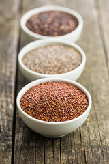 Red and black quinoa and chia seeds.