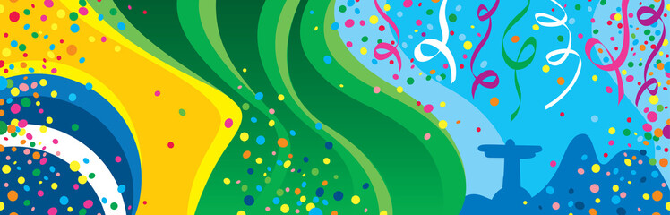 The flag of Brazil in front of the wonderful city in the carnival party with many confettis and streamers around