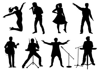 Set of silhouettes of musicians, singers and dancers isolated on white. Vector illustration