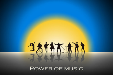 Band show on blue sunset background. Festival concept. Set of silhouettes of musicians, singers and dancers. Vector illustration