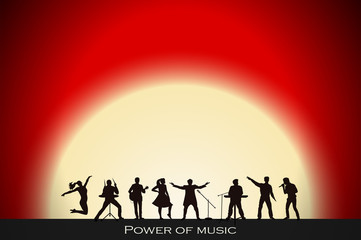 Fototapeta na wymiar Band show on red sunset background. Festival concept. Set of silhouettes of musicians, singers and dancers. Vector illustration