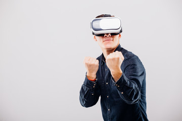 Man wearing virtual reality  VR headset  for box on white background