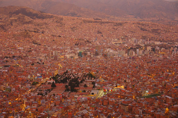 View of the Bolivian city La Paz at sunset
