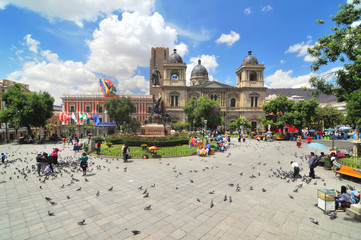 La Paz  in Bolivia - Plaza Murillo with monument 
