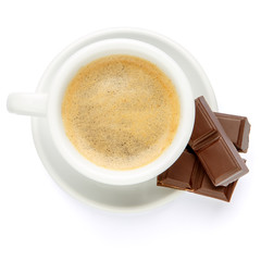 cup of coffee and chocolate on white background