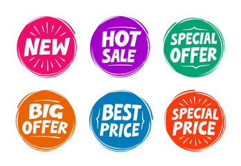 Collection symbols such as Special offer, Hot sale, Best price, New. Icons vector illustration