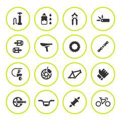 Set round icons of bicycle parts and accessories
