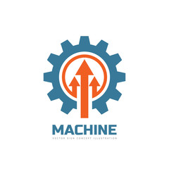 Machine - vector business logo template concept illustration. Gear factory sign. Cog wheel and arrows technology symbol. Design element.