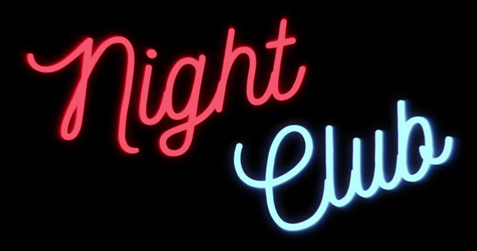 flickering blinking red and blue neon sign on black background, adult show night club sign concept