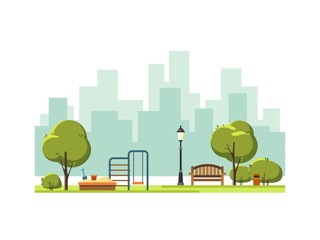Public park in the city with children playground. Vector illustration.