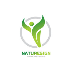 Nature sign - vector logo concept illustration. Abstract human character and green leaves. Health symbol.