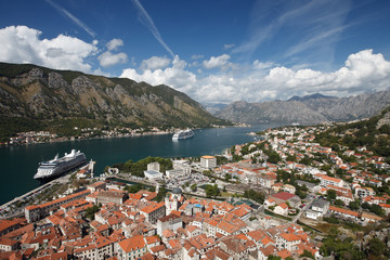 Nice view of the town of Kotor, a cruise ship in the Bay of Kotor. Montenegro