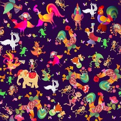 Seamless pattern with cute cartoon animals. Swan, cock, duck, monkey, dragon, Sirin bird, alligator, cat, kitten, birds, elephant, butterflies, peacock on dark background. Year of the rooster.