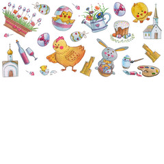 Naklejka premium Easter watercolor pattern Egg, chicken, rabbit