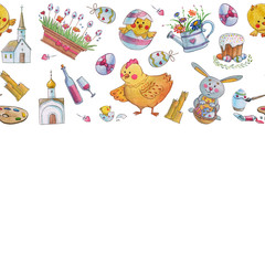 Naklejka premium Easter watercolor pattern Egg, chicken, rabbit